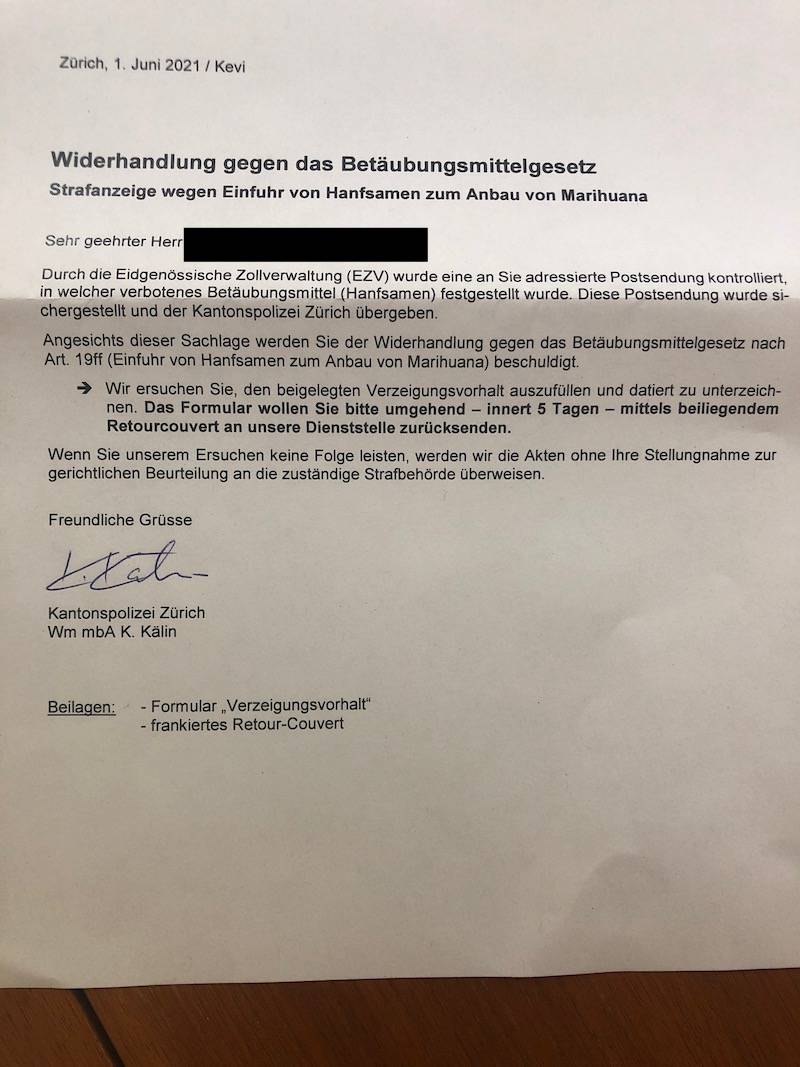 Fragebogen Kantonspolizei Zürich wegen Hanfsamen (1/2) - KLICKEN ZUM VERGRÖSSERN