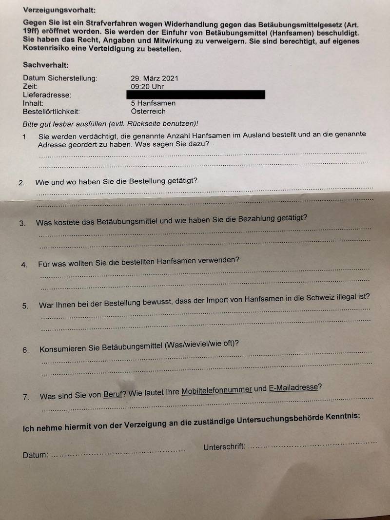 Fragebogen Kantonspolizei Zürich wegen Hanfsamen (2/2) - KLICKEN ZUM VERGRÖSSERN